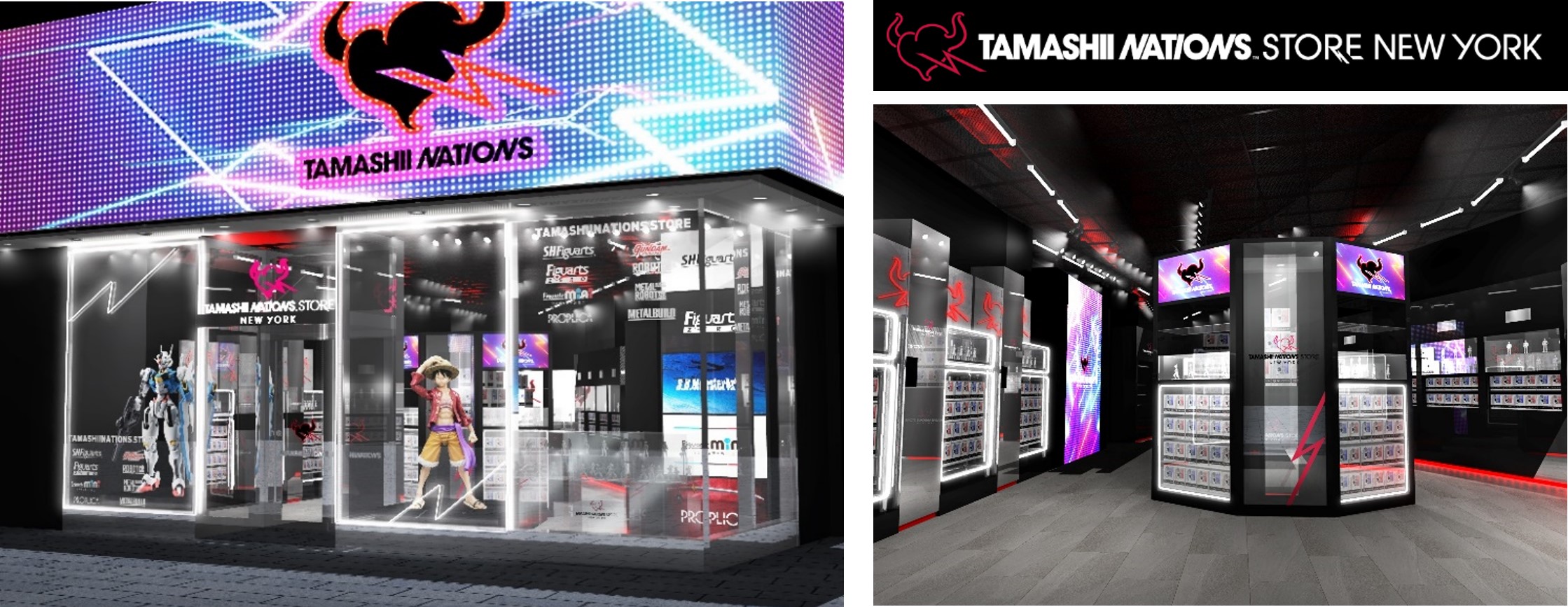 TAMASHII NATIONS STORE NEW YORK renderings (Left: external; top: logo; bottom right, interior.)©EIICHIRO ODA/SHUEISHA, TOEI ANIMATION ©SOTSU・SUNRISE・MBS