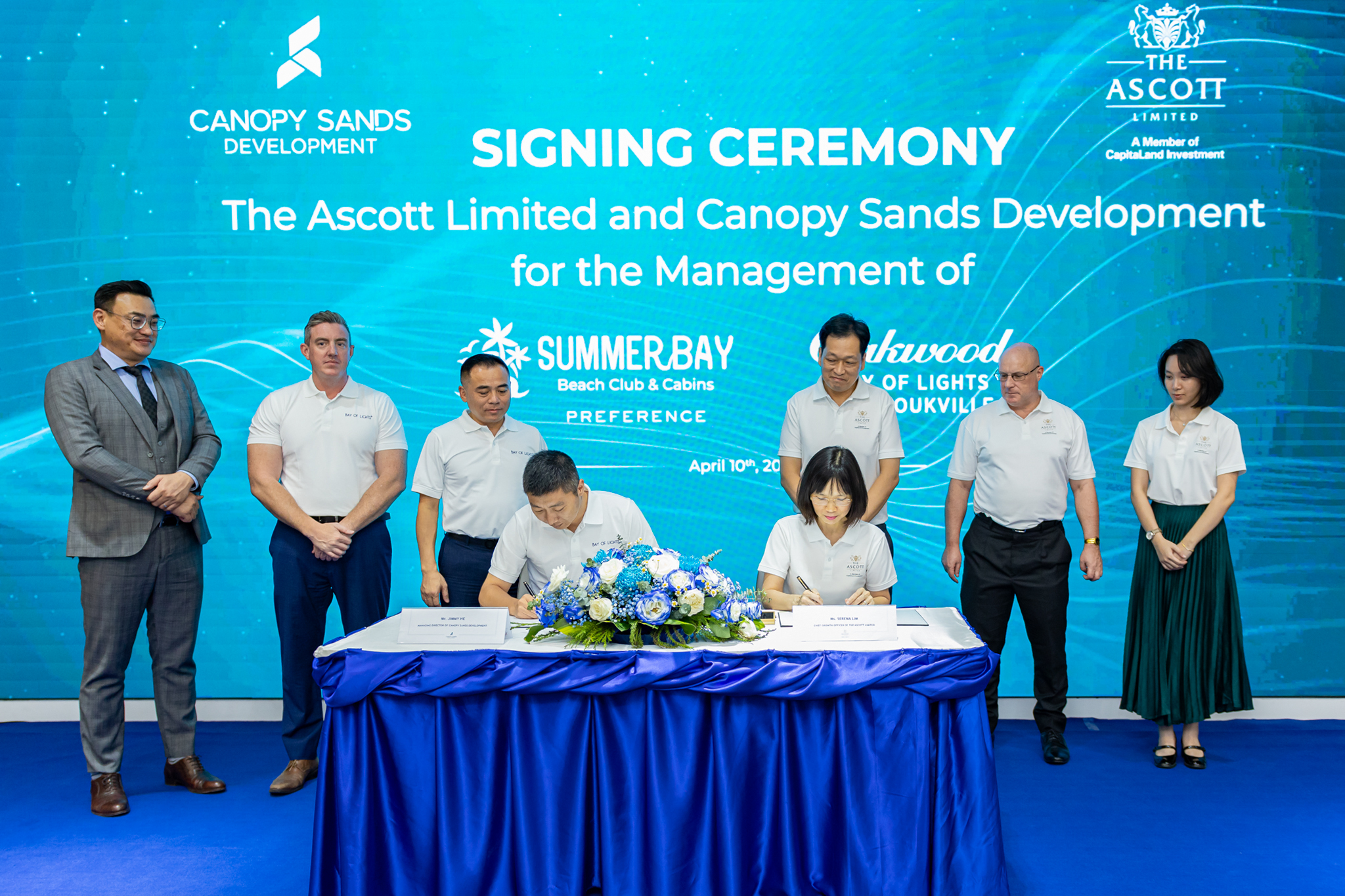 Representatives from CSD and Ascott seal a landmark hospitality partnership at Bay of Lights Business Center, Sihanoukville.