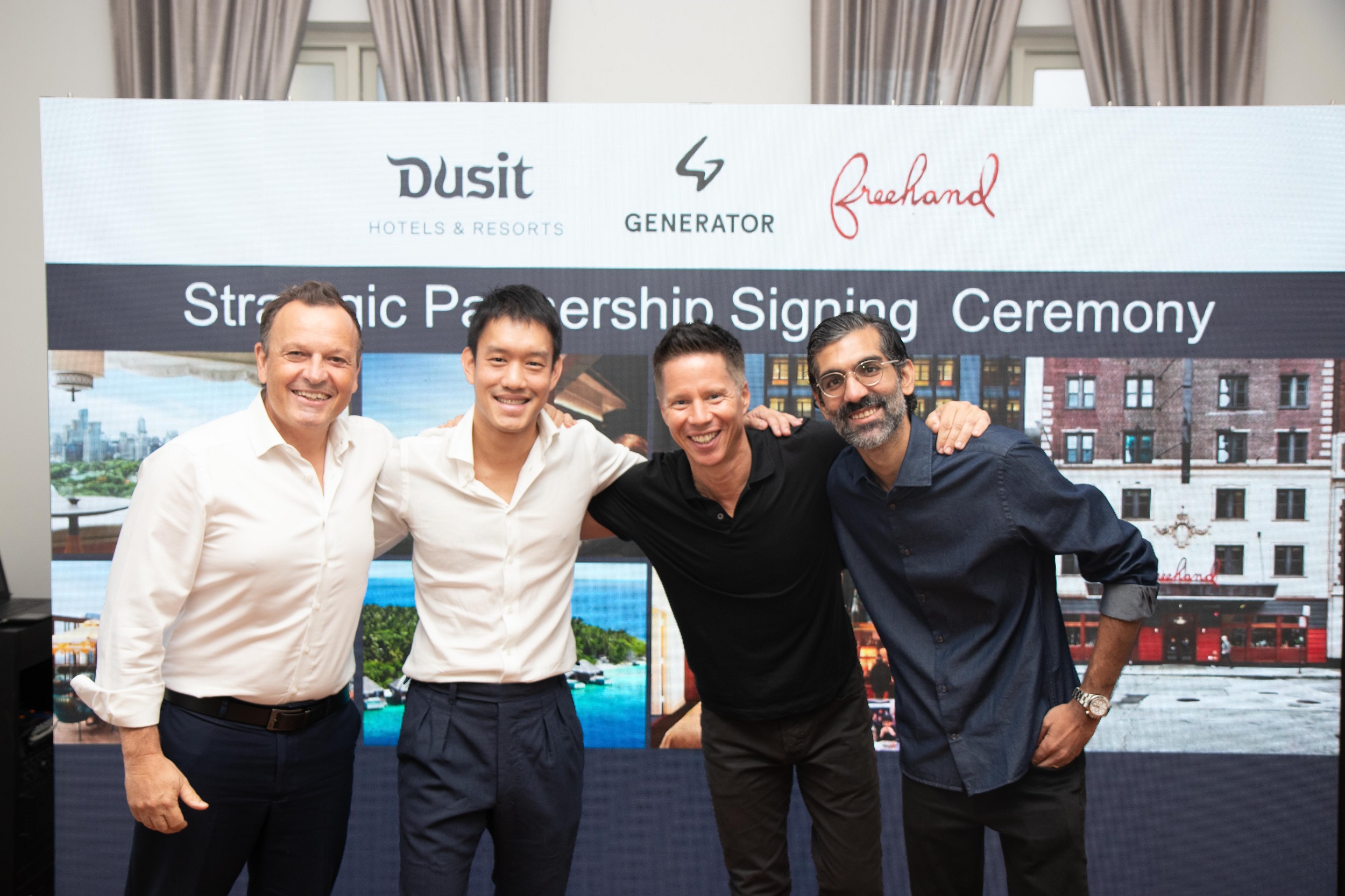 This groundbreaking partnership marks an exciting new chapter in the growth trajectory of Dusit International and Generator and Freehand Hotels. Pictured (from left): Gilles Cretallaz, COO, Dusit International; Siradej Donavanik, VP – Global Development, Dusit International; Alastair Thomann, CEO, Generator and Freehand Hotels; and Anmol Bhojwani, Head of Development, Asia Pacific & Middle East, Generator and Freehand Hotels.