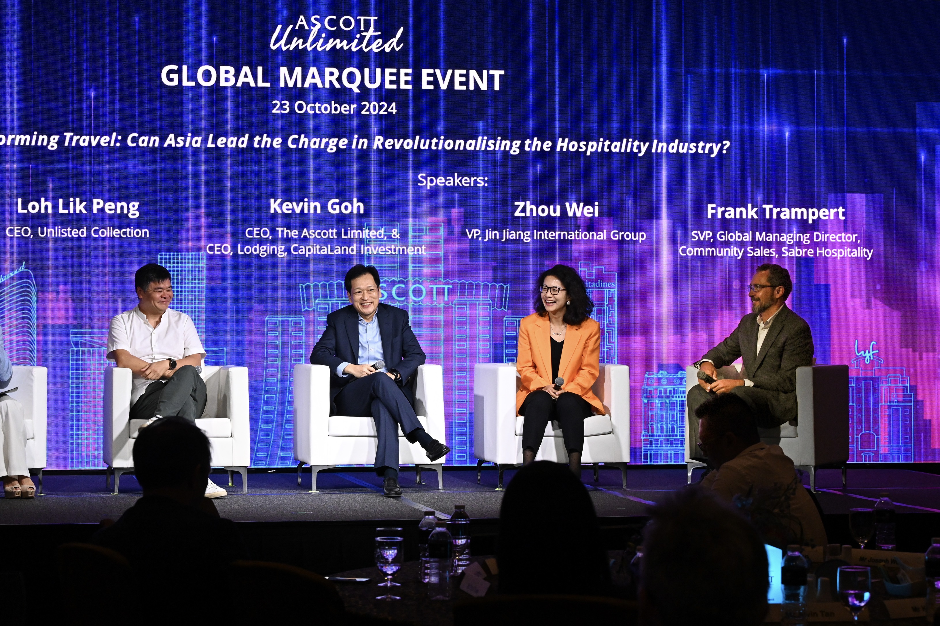 The Ascott Unlimited Global Marquee Event featured a dialogue session that brought together four travel industry leaders Mr Loh Lik Peng, CEO of Unlisted Collection; Mr Kevin Goh, CEO for Ascott and CLI Lodging ; Ms Zhou Wei, Vice President of Jin Jiang International Group; and Mr Frank Trampert, Senior Vice President and Global Managing Director of Community Sales at Sabre Hospitality. The panellists discussed the unique advantages Asia holds in driving positive changes through innovation, technology and sustainability in the future travel ecosystem.